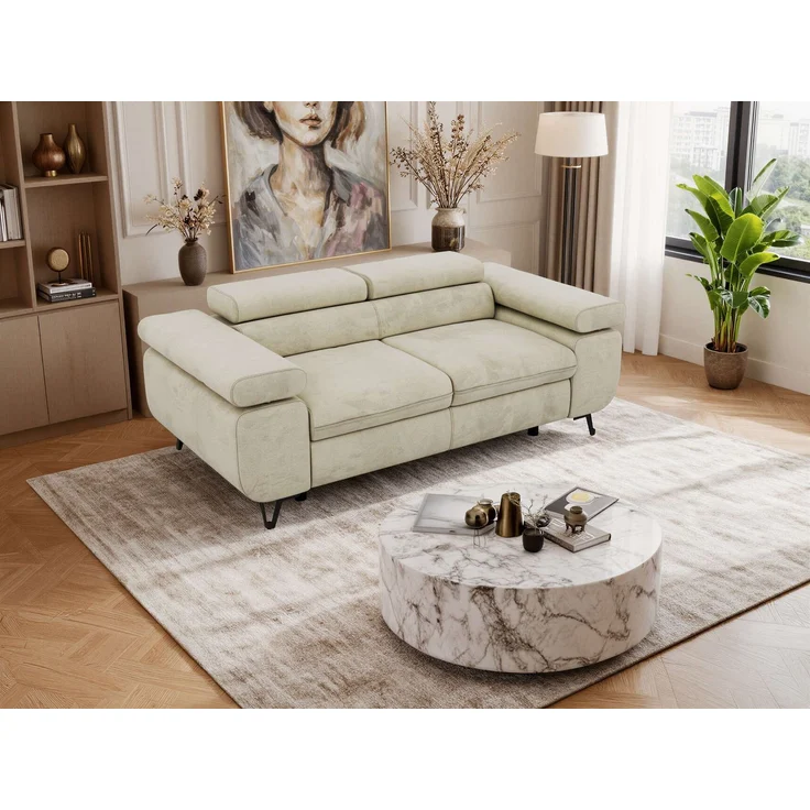 2-Sitzer Polstercouch PETER mit verstellbaren Armlehnen und Kopfstütze, Gepolsterte Couch, Wellenfeder - Beige Velvet – Bild 5