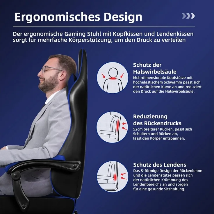 Hiazurm Gaming-Stuhl Gaming Stuhl, Bürostuhl Ergonomisch Wippfunktion bis zu 170° (Gaming Chair mit gepolsterten Armlehnen, 10 cm Höhenverstellung), Verstellbarem Lenden- & Kopfkissen, Gamer Stuhl 150kg Belastbarkeit