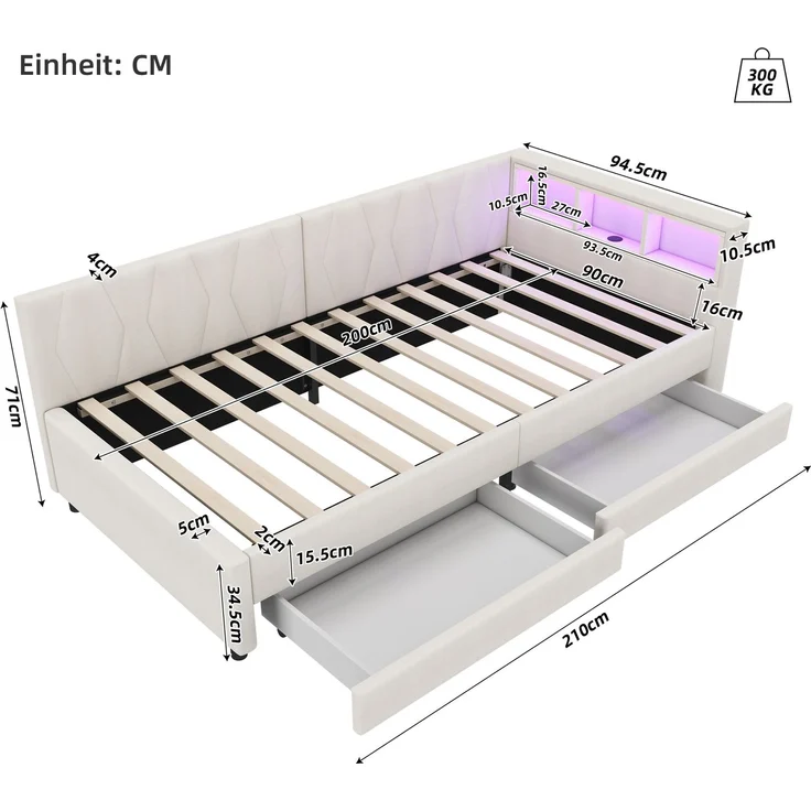 Merax Daybett, 90*200cm, Tagesbett, Schlafsofa, Ablagefach am Bett, USB+Typ C, Fernbedienung für LED-Umgebungslicht, Bett mit zwei Schubladen, Bett mit Lattenrost (ohne Matratze), Leinen, Beige – Bild 4