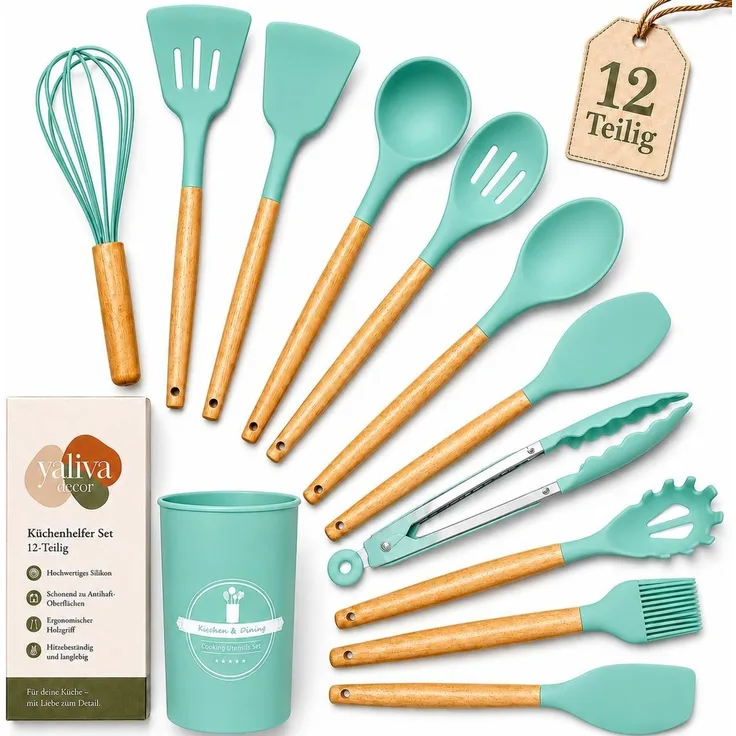 Küchenhelfer Set 12 Stück, Küchenutensilien, Kochbesteck, Hitzebeständig, Türkis