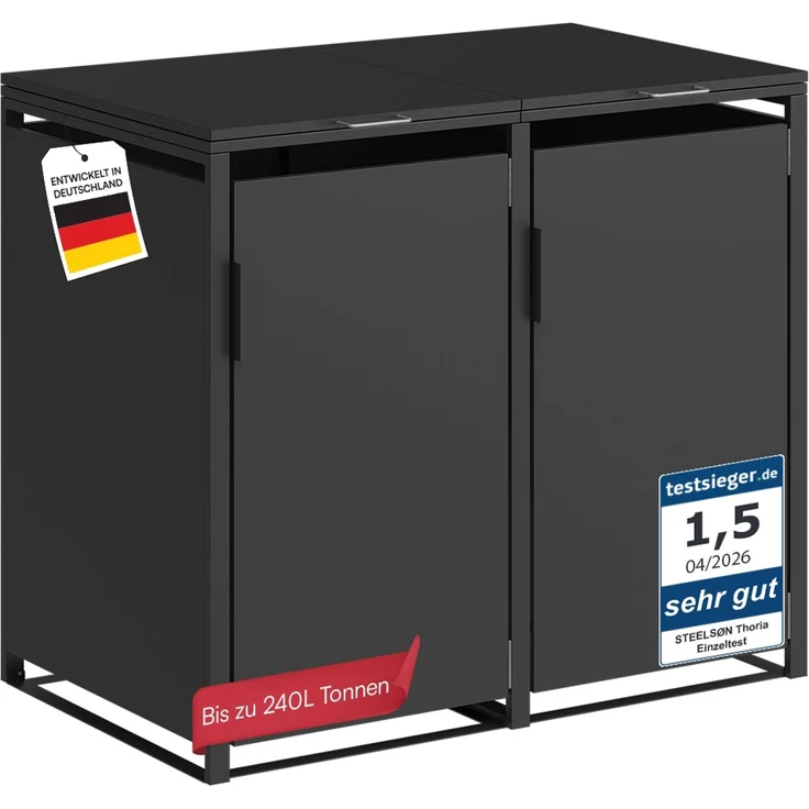 STEELSØN 'Thoria' Mülltonnenbox 2er je 240 Liter, graphitschwarz, Mülltonnenverkleidung aus Stahl, wetterfest, 116x80x134 cm, Müllbox für 2 Tonnen – Bild 1