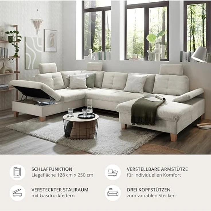 Wohnlandschaft Ascot mit Cord-Bezug und Schlaffunktion in Creme, U-Form inkl. Kopfstützen, Bettkasten und Verstellbarer Armlehne - 324 x 107 x 218 cm (B/H/T) – Bild 6