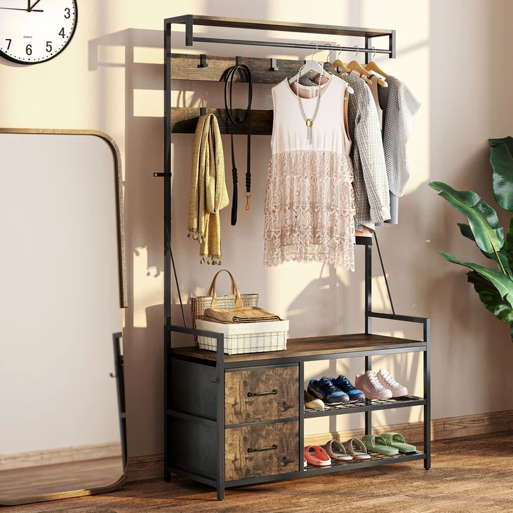 MELAYR, Schuhregal mit doppeltem Schuhregal, 10 verstellbaren Haken, 100 x 40 x 180 cm, rustikales Braun, Rustikalbraun – Bild 3