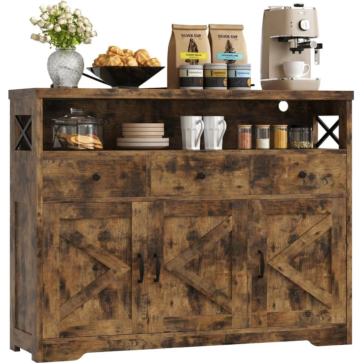 IRONCK Küchenschrank Sideboard mit Steckdose 2AC+1USB+1C, Aufbewahrungsschrank 3 Schubladen 3 Türen, Küchenbuffet Kaffeebar Schrank für Wohnzimmer Esszimmer, verstellbare Ablage 107x35x95cm (Braun)