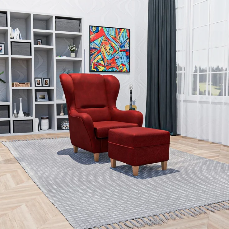 Supellex Sofia Ohrensessel mit Hocker | Design Kunstleder Milano Rot – Bild 2