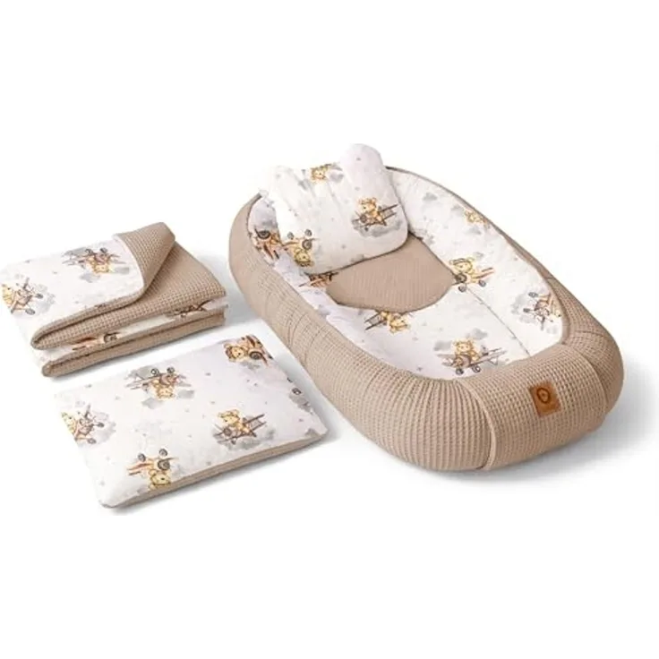 Babynest Nestchen Baby Set für Neugeborene – 5-teilig – Kuschelnest aus 100% Baumwolle & Waffelpique – Babykokon tragbar – für Babybett, Kinderbett & Kinderwagen – OEKO-TEX - Flugzeuge und Braun