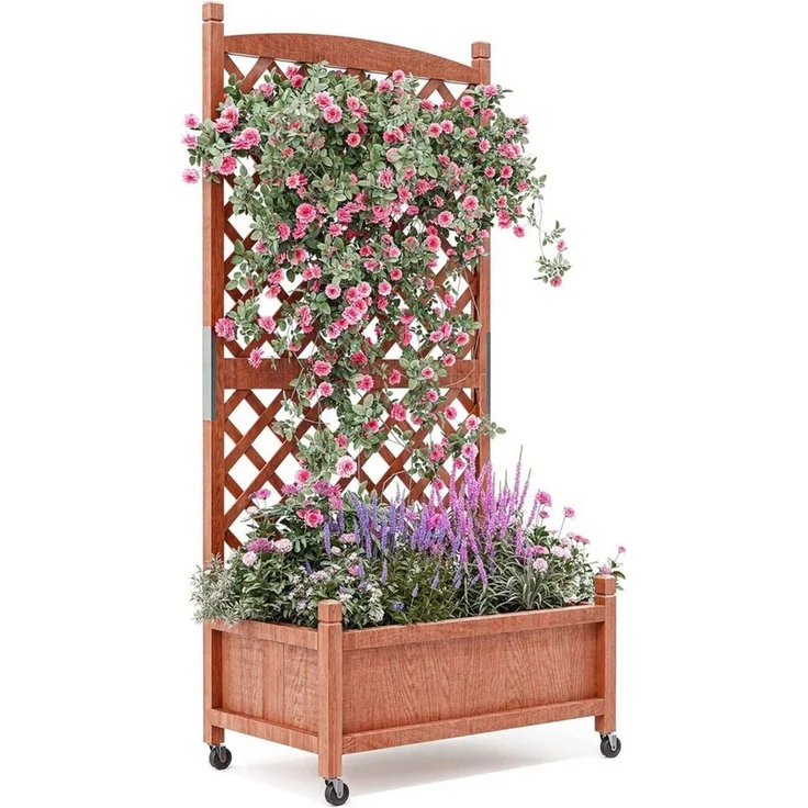 GarveeMore Blumenkasten 1/2 Stk Erhöhtes hochbeet mit Abflusslöchern und feststellbaren Rollen (1 St), Pflanzkasten aus Holz mit Rankgitter,75x66x156cm für Garten,Balkon – Bild 1