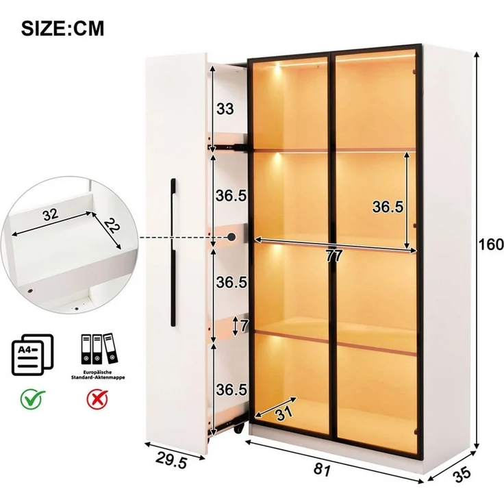 BlingBin Glasvitrine Standvitrine LED Glasvitrine 110x30x160 cm Schwarz aus MDF (1-St, mit Glasfront, ausziehbaren Regalen, Schubladen & Anti-Kipp) für Wohnzimmer/Küche/Büro – Bild 3