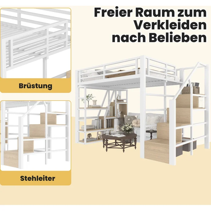 CHICFURN Hochbett Metall und MDF Weiß 140x200 cm mit LED-Beleuchtung und Stauraum – Bild 4