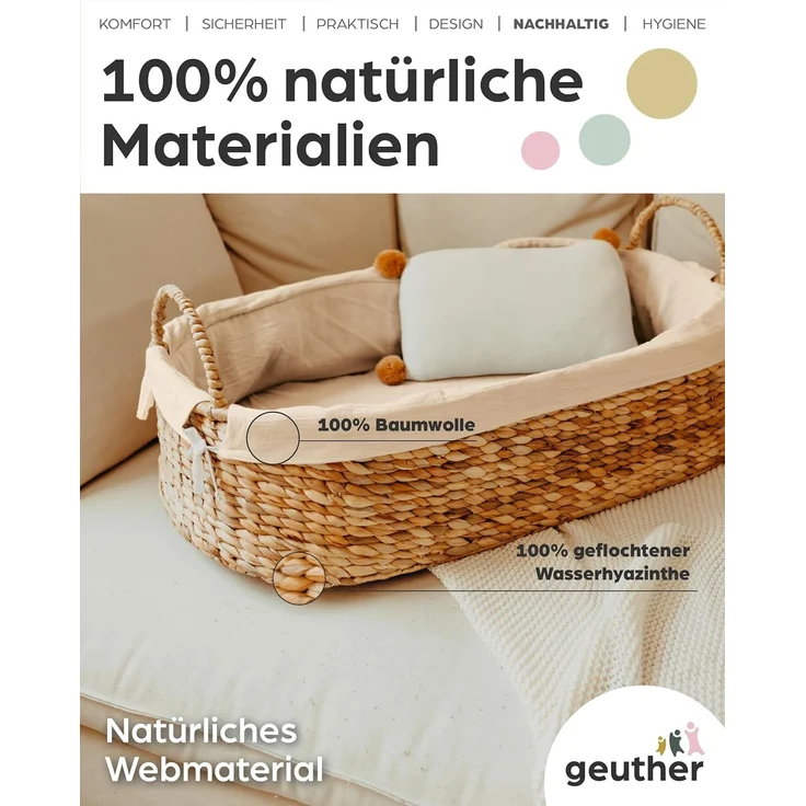 Geuther Moses Nest Babynest Tragekorb ruhiger Schlafplatz für Babys aus natürlichem Korbgeflecht waschbar mit atmungsaktiver Matratze aus 100% Bio Baumwolle Farbe: Beige, 5. 66 kilograms – Bild 7