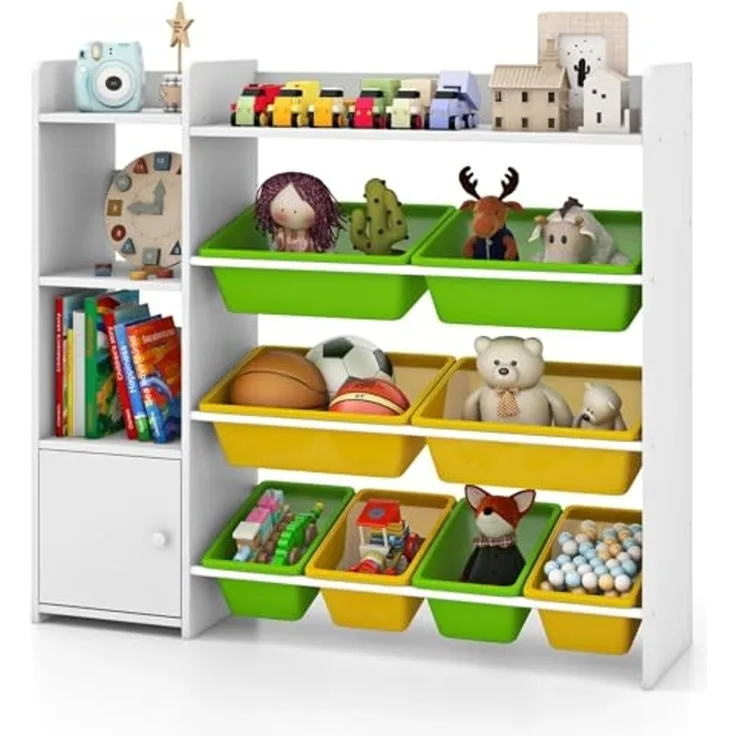 FANTASK Spielzeug-Organizer Bücherregal mit 8 Aufbewahrungsboxen, 2 offenen Regalen & Schrank, 4-stöckiges, 120 kg belastbar, Weiß