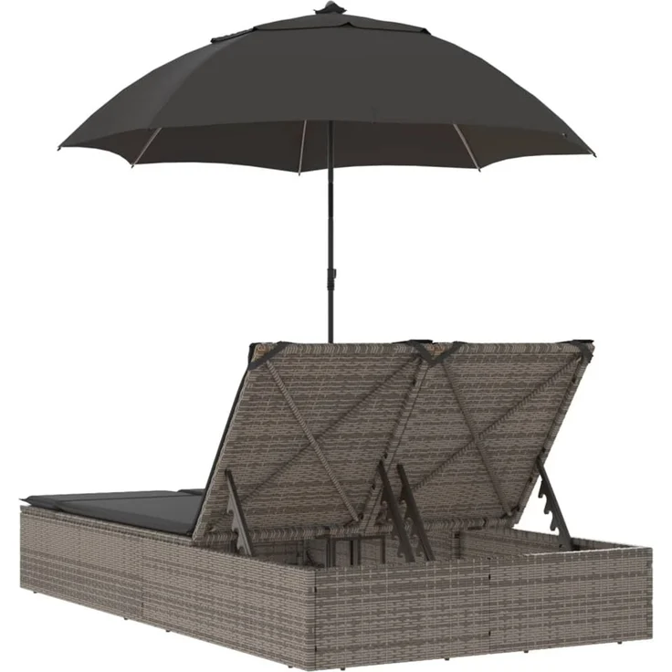 Doppel-Sonnenliege, Gartenliege mit Kissen & Sonnenschirm Grau Poly Rattan – Bild 6