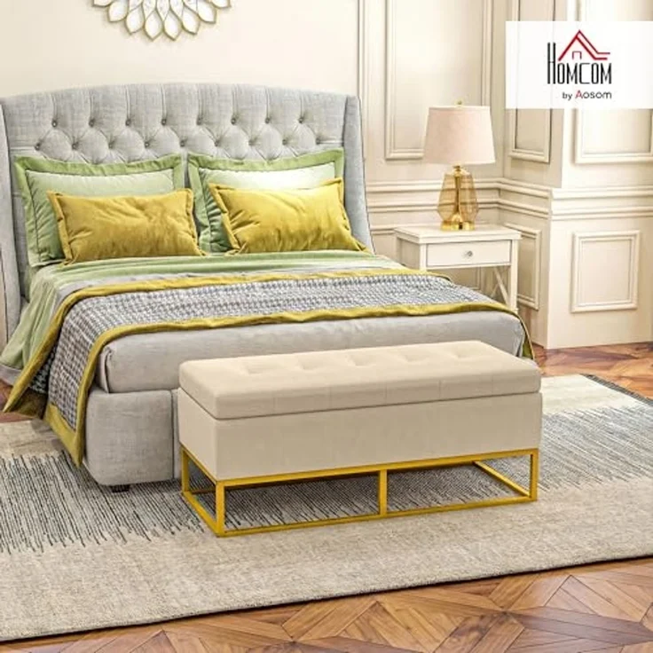 HOMCOM Sitzbank Truhenbank mit Stauraum und Stahlbeine (Aufbewahrungsbank, 1-St, Lagerbank), Beige, 110 x 44 x 49 cm – Bild 2