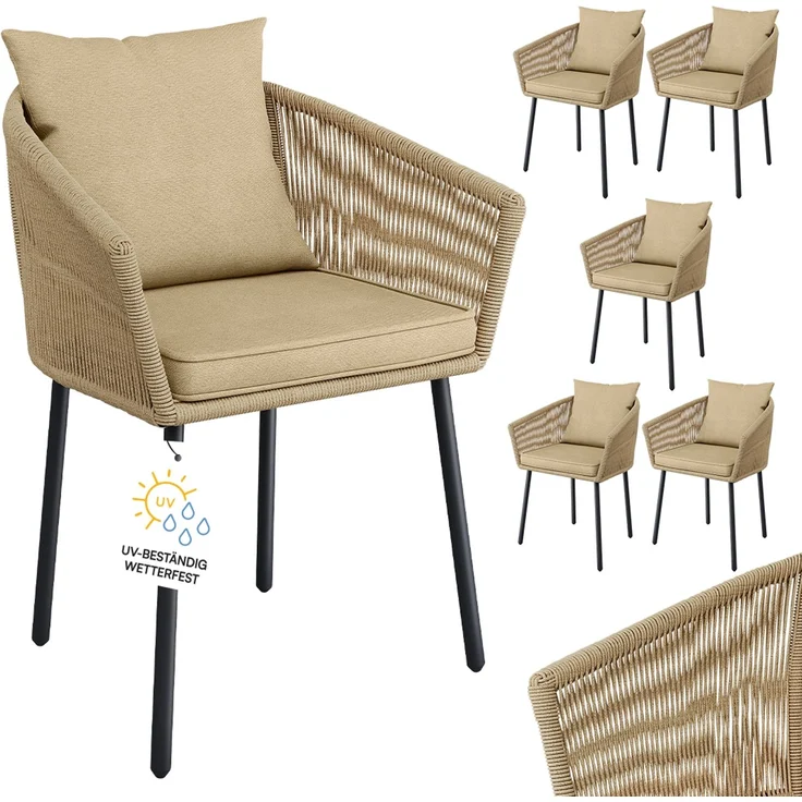 STEELSØN 'Nair' Polyrattan Gartenstuhl, 6er-Set, hellbraun, wetterfest & UV-beständig, Balkonstühle bis 160 kg belastbar, Gartensessel inkl. Kissen – Bild 1