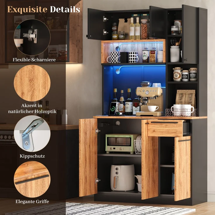 ZUBALIYA Buffetschrank 100x40x180 cm, mit LED-Beleuchtung, mit Steckdosen, mit 6 Türen, aus MDF, Natur – Bild 23