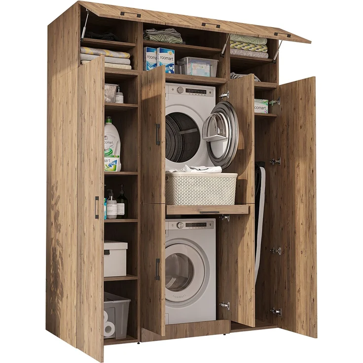 Roomart Waschmaschinenschrank - DORA-I- 160 cm breit - Wasch- & Trocknerschrank mit 2 Hochschränken, Türen & Ausziehbrett, Waschmaschinen-Überbau für Waschküche & Hauswirtschaftsraum • Eiche – Bild 8