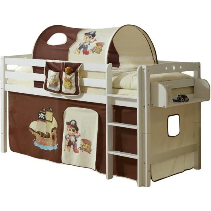 Ticaa Hochbett 'Joy' weiß, inkl. Vorhang Pirat braun/beige