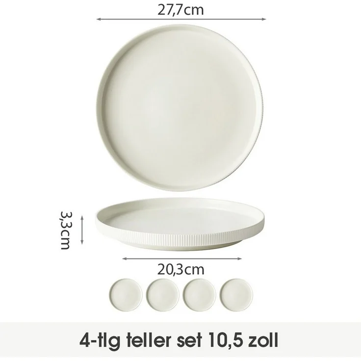 JIWOO Teller 4er Ø27,7cm, Speiseteller Steakteller Dessertteller Brotteller Plate, (4 St), Keramik Hochwertiges Tellerset Weiß Mikrowellen spülmaschinenfest – Bild 2
