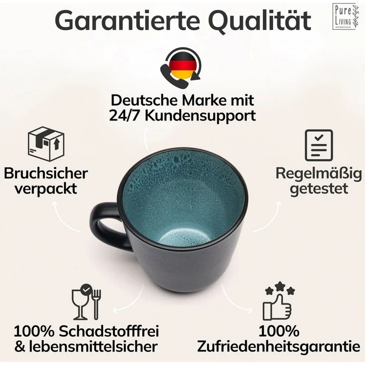 Steingut Kaffeetassen 6 Personen Ibiza TESTSIEGER, Traumhaftes Mediterranes Steingut Tassen Set, Stylisches Tee- und Kaffeebecher Set, Pure Living in Petrol – Bild 4