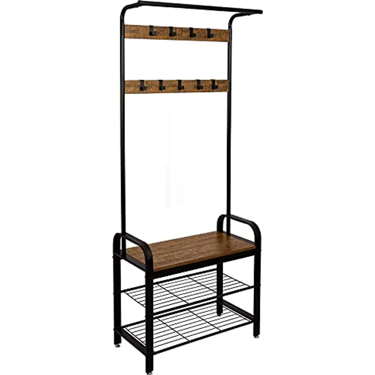 VASAGLE Garderobenständer, Kleiderständer, Garderobe, Schuhregal mit Sitzfläche, mit 9 abnehmbaren Haken, Sitzbank, 2 Gitterablagen, 183 cm hoch, walnussbraun-schwarz von SONGMICS HSR040B41