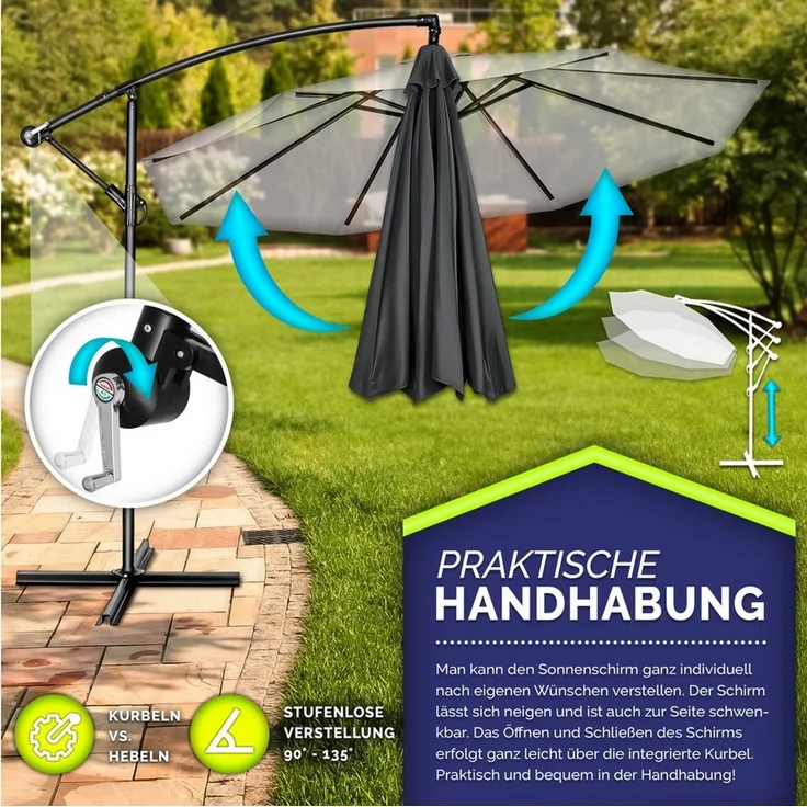 tillvex Sonnenschirm Anthrazit Ø 350 cm Ampelschirm Gartenschirm Marktschirm Kurbel Balkon Alu Neigbar Anthrazit - Ø350cm – Bild 2
