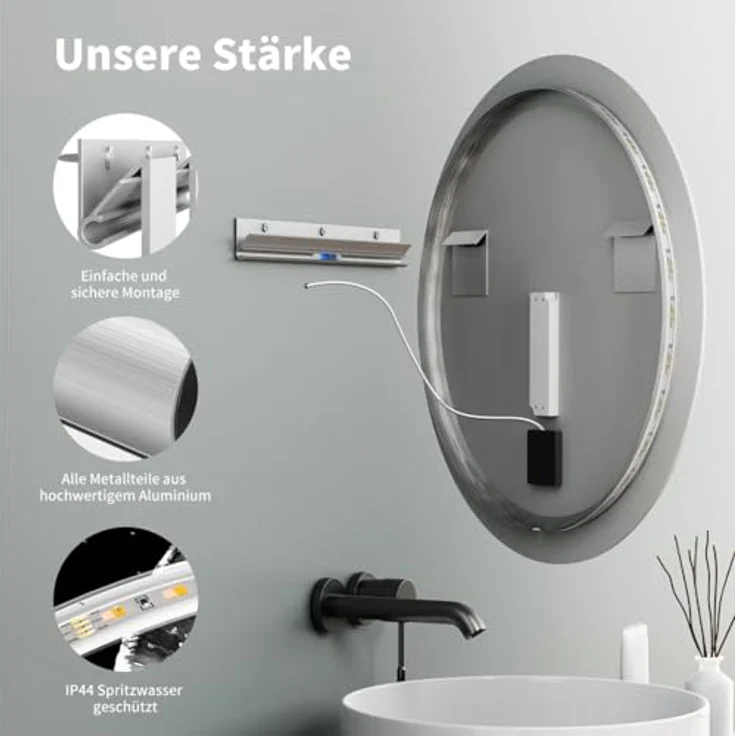 HOKO LED Badspiegel Rund 60cm mit Touch-Schalter, Memory-Funktion & Lichtwechsel 2700-6500K, feuchtraumgeeignet – Bild 4