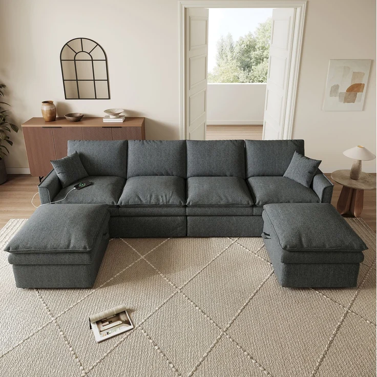 Modulares Ecksofa 277x135x80 cm, 6-Sitzer in Grau mit Stauraumhockern und USB-Anschluss – Bild 4