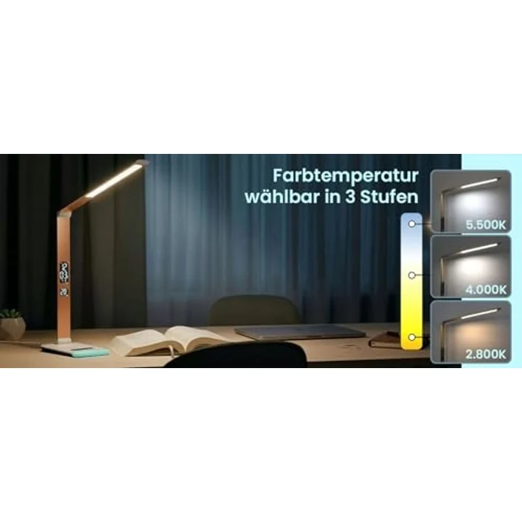 EAXUS LED Schreibtischlampe Tischleuchte mit RGB-Farbwechsel und Dimmfunktion, LED fest integriert, Variabel, warmweiß, Tageslichtweiß, kaltweiß, Display mit Uhrzeit, Datum, Temperatur – Bild 3
