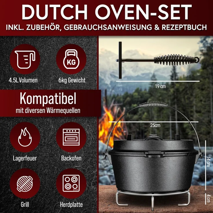 Dutch Oven 4,5 L ohne Füße eingebrannt inkl. Deckelheber Edelstahl-Untersetzer Rezeptbuch Gusseisen – Bild 2