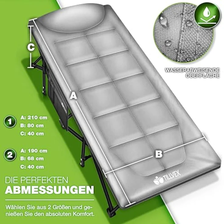 tillvex® Campingbett Grau 210 x 80 x 40 cm klappbar mit Tragetasche bis 280 kg | Campingliege extra breit | Feldbett Karpfenliege für Outdoor & Indoor | Klappbett Gästebett faltbar Garten Camping Angeln Festival Reise – Bild 7