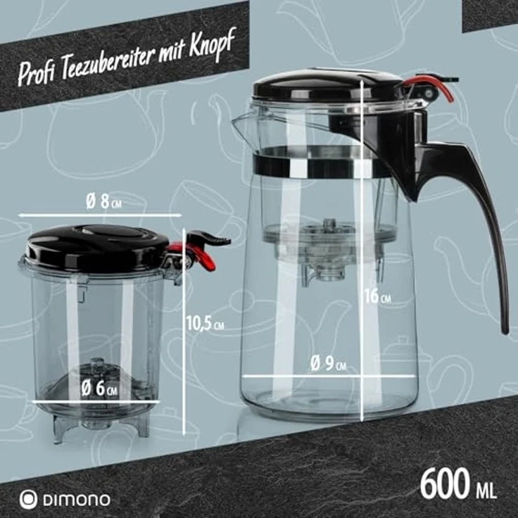 Dimono Teeglas DIMONO Teeglas Teekanne 600 ml – Teekocher mit Filter & Knopf, Tea-Maker 600 ml – Bild 4