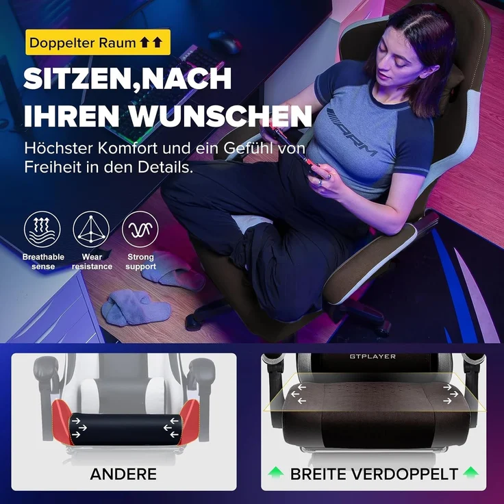 GTPLAYER Gaming Stuhl Ergonomischer Gaming Sessel Schreibtischstuhl mit Stoffoberfläche, Federsitzkissen, Verbindungsarmlehnen und Fußstütze braun – Bild 3