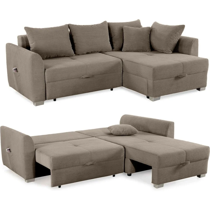 Ecksofa L-Form Couch Polsterecke Schlaffunktion Bettkasten in Cord Braun Taupe – Bild 1