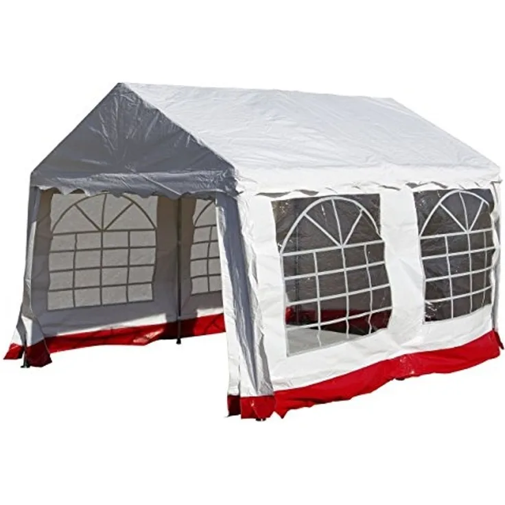 Nexos Hochwertiges Festzelt Partyzelt Pavillon 3x4 m weiß roter Rand mit Seitenteilen für Garten Terrasse Plane Feier Markt wasserdicht PVC Dach 400 g m²