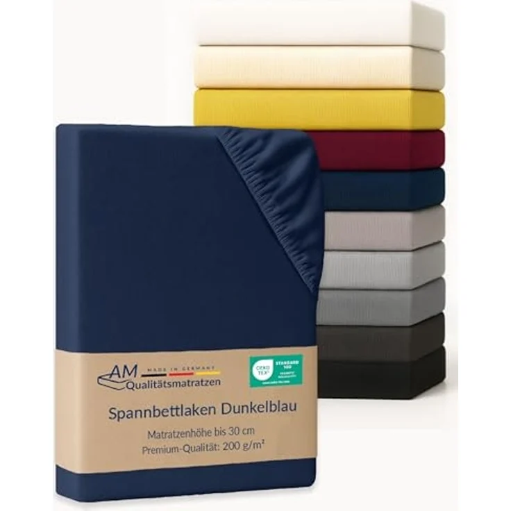 AM Qualitätsmatratzen Spannbettlaken Baumwolle in dunkelblau, Bettlaken für Matratzen, Made in Germany, Baumwolle, Gummizug: rundum, (1 Stück), 100x200x30 – Bild 1