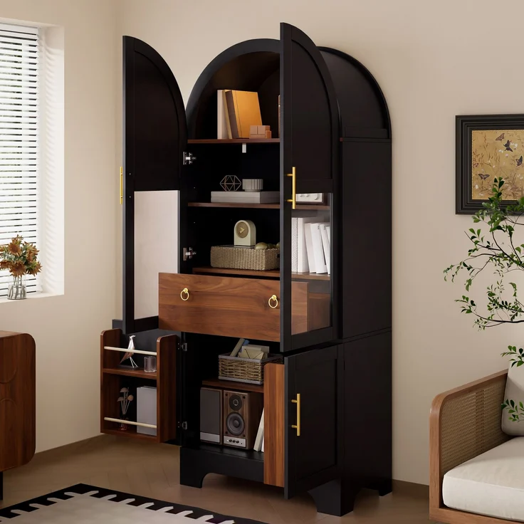 Vitrine 76 x 40 x 180 cm aus MDF und Spanplatte, schwarz, mit Bogenfront und LED-Beleuchtung – Bild 4