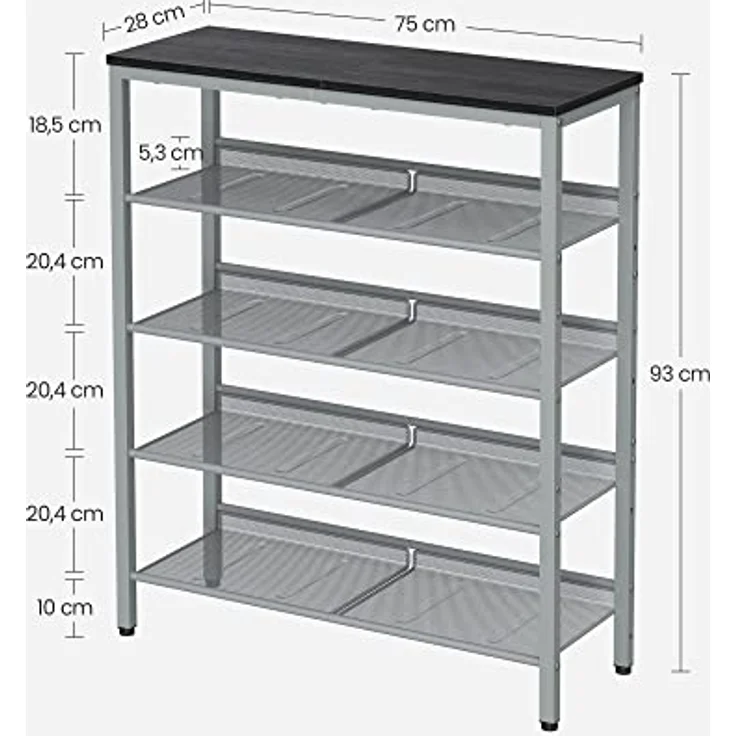 VASAGLE Schuhregal, Schuhablage, 5 Ebenen, große Oberfläche, verstellbare Gitterablagen, platzsparend für Eingangsbereich Flur, Metall, Industrie-Stil, anthrazitgrau-metallisches Silber LBS038E22 – Bild 4