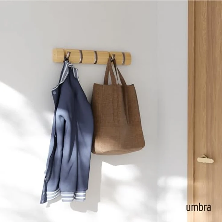Umbra Flip 5 Garderobenhaken – Moderne, Schlichte und Platzsparende Garderobenleiste mit 5 Beweglichen Haken für Jacken, Mäntel, Schals, Handtaschen und Mehr, Natur – Bild 3