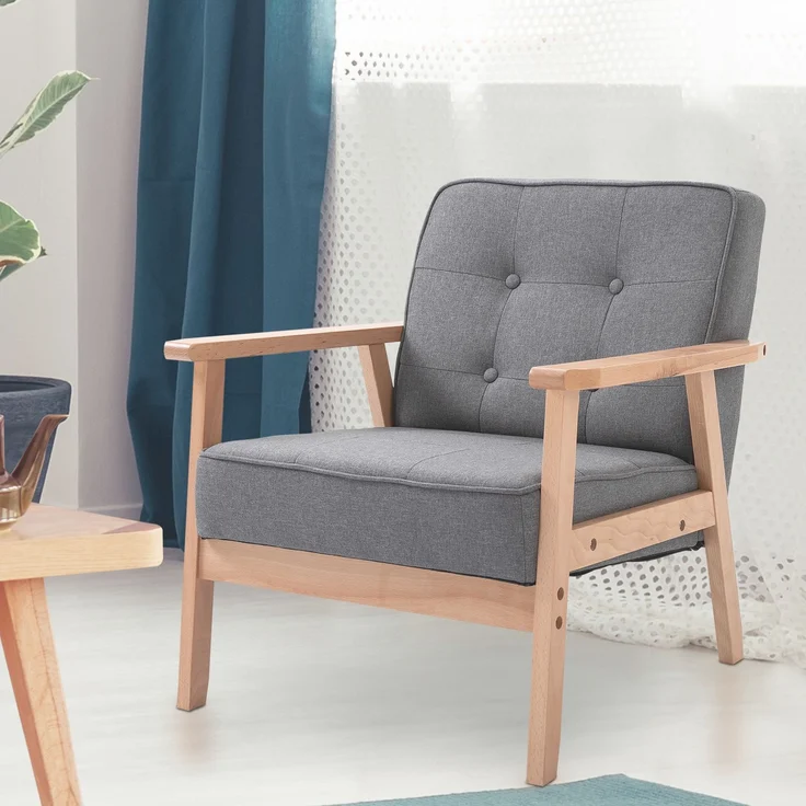 MELAYR, Sessel Wohnzimmer Loungesessel Relaxsessel mit Holzbeine Lesesessel mit Leinenoptik, 64.5 x 70 x 74 cm, Grau – Bild 3