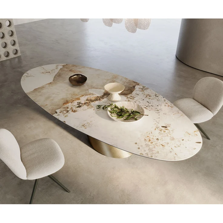 Esstisch Edge Oval 280x130 Keramik Minas Melange Weiß-Beige Cono Metallic Gold – Bild 2