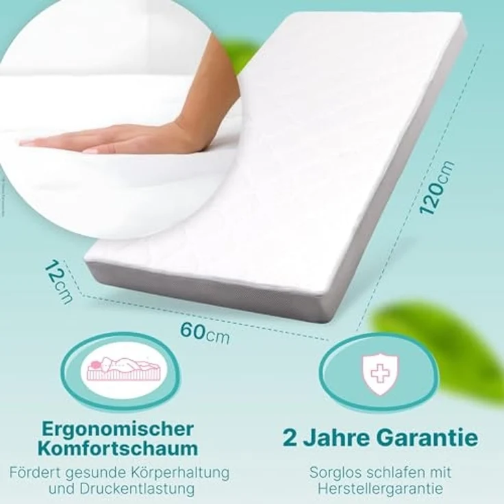 Sun Garden Komfort Babymatratze, Kindermatratze 60x120 cm mit Trittkante + Schoner, Oeko-Tex 100 Zertifiziert, Komfortschaum, ergonomisch, für Babybett, Kinderbett, Reisebett, Bezug waschbar bis 60°C – Bild 2