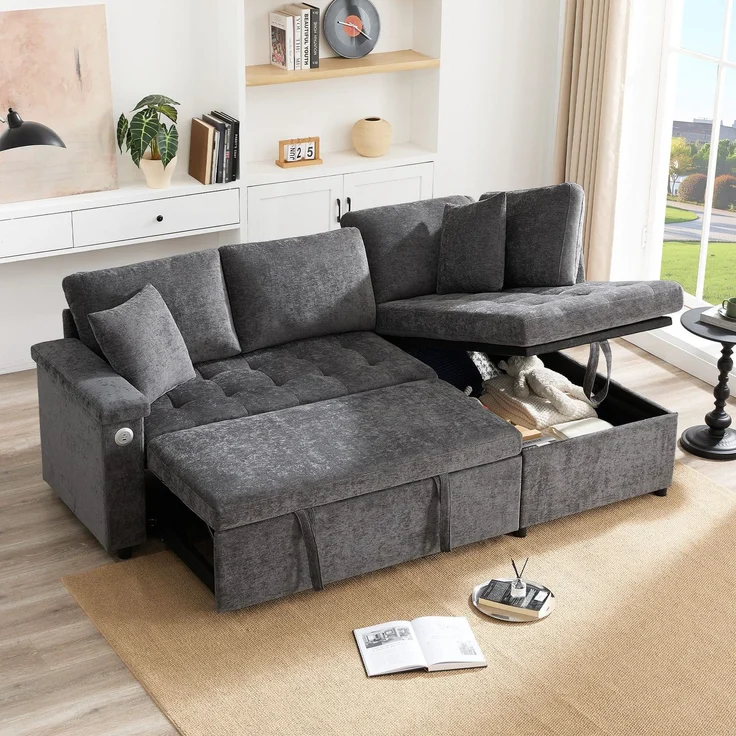 3-Sitzer Sofa mit Bettfunktion, Stauraum, Zierkissen, Rückenkissen, USB und Type-C, Liegefläche erweiterbar, Schlafsofa, Ecksofa, L-Form, Chenille – Bild 1