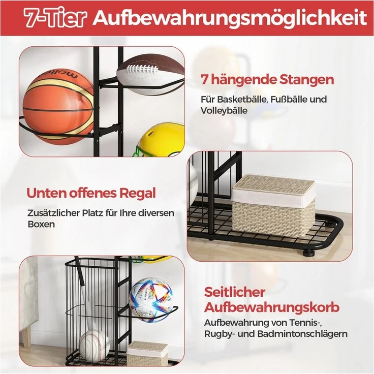 COSTWAY Sportgeräte-Regalwagen, 7-stufiger Ball Lagerregal mit Korb, abnehmbar – Bild 3