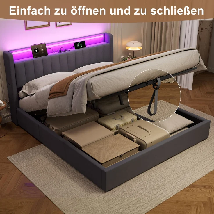 Polsterbett 180 x 200 cm aus Samt mit integriertem Stauraum, USB-Anschluss und LED-Beleuchtung, Dunkelgrau – Bild 9