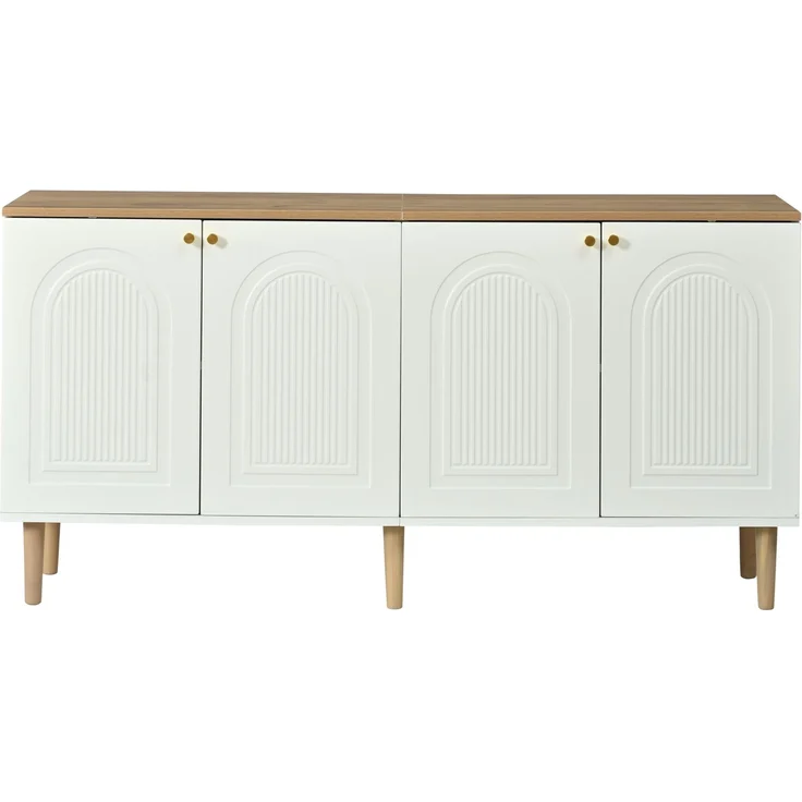 Sideboard 140 x 35 x 71 cm aus MDF und Spanplatte, 4 Türen mit 3D-Relief, Weiß und Holzton – Bild 10