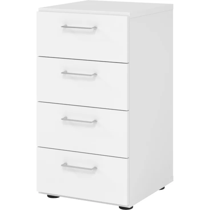 bümö smart Schubladenschrank, Büroschrank in weiß mit 4 Schüben - Bürocontainer aus Holz, Container mit Metallgriffen & Soft-Stop Schubladen, 924S4-W-W-BS