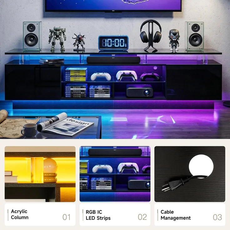 Aoxun 200 cm Fernsehstand, mit 2 Seitenkabinett, Moderner Stilvoller TV-Console mit LED Leuchten, Gaming-Fernseh-Medienconsole mit Verstellbarem Glasregal, Fernbedienung & APP-Steuerung, Schwarz – Bild 4