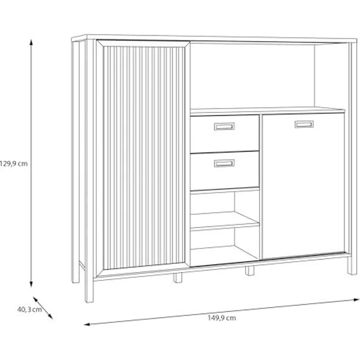 Forte JYTANA Schrank 150, skandinavischer Schrank mit 2 Schubladen und Schranktüren und 3 Regalfächern, Riva Eiche Holzdekor, 149,9 cm breit x 129,9 cm hoch x 40,2 cm tief – Bild 2