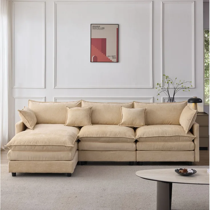 DESVIAE Sofa L-förmig mit Hocker aus Chenille, Hellkaffee, 267 x 154 x 85 cm