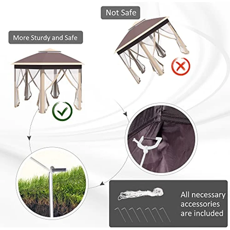 Outsunny Gartenpavillon Faltpavillon 4 x 4 m Pop-Up-Zelt mit 6 Seitenteilen und Doppeldach, sechseckig, Khaki, inkl. Tragetasche – Bild 5